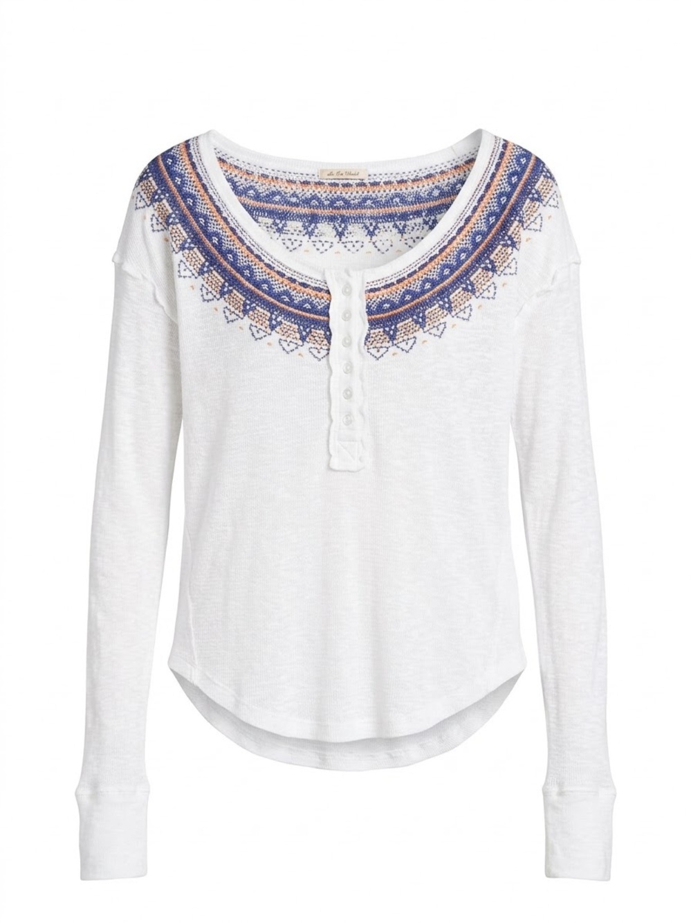 We The Free White Long Sleeve Henley with Blue and Tan Embroidered Yoke